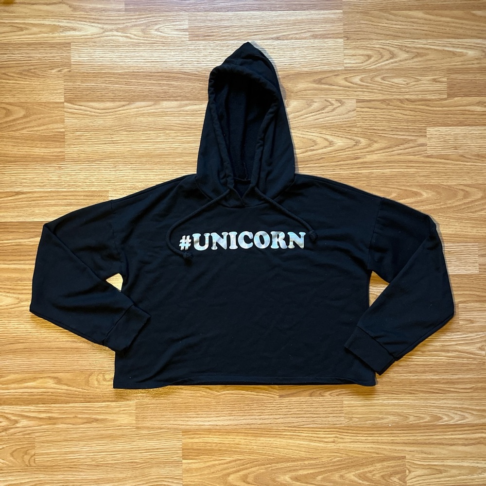 Unicorn cropped hoodie with hood in black and white